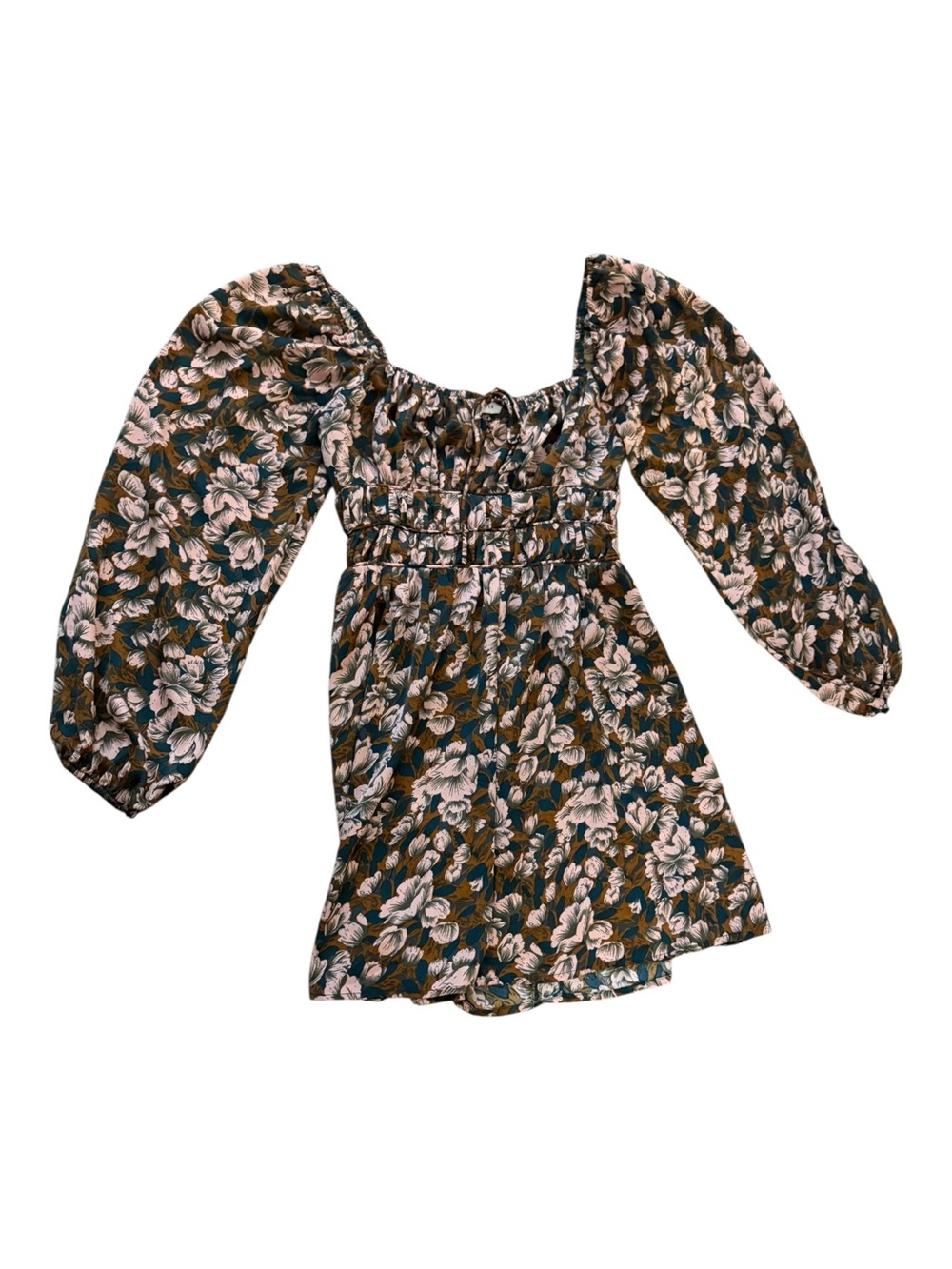Lush Teal Pink Floral Smocked Mini Dress Size Small Boho Cottagecore Romantic - Picture 2 of 6